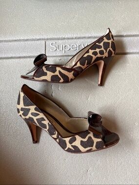 Via Spiga Leopard Print Peep-Toe Heels with Bow Accent